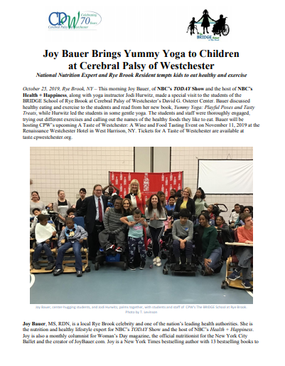 Joy Bauer Brings Yummy Yoga to Children at CPW’s BRIDGE School