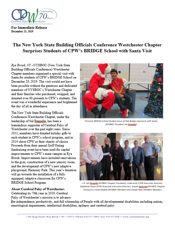 NYSBOC Surprises Students of CPW’s BRIDGE School with Santa Visit