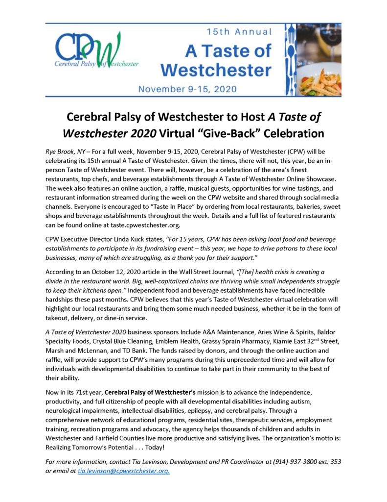 CPW’s Taste of Westchester 2020 Virtual “Give-Back” Celebration