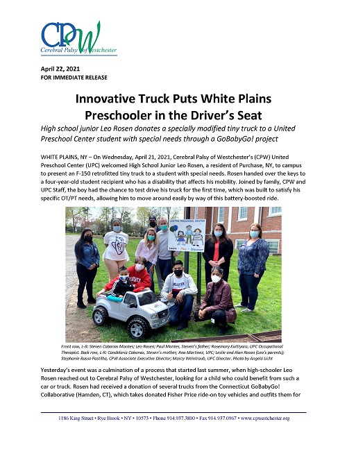 Innovative Truck Puts White Plains Preschooler in the Driver’s Seat
