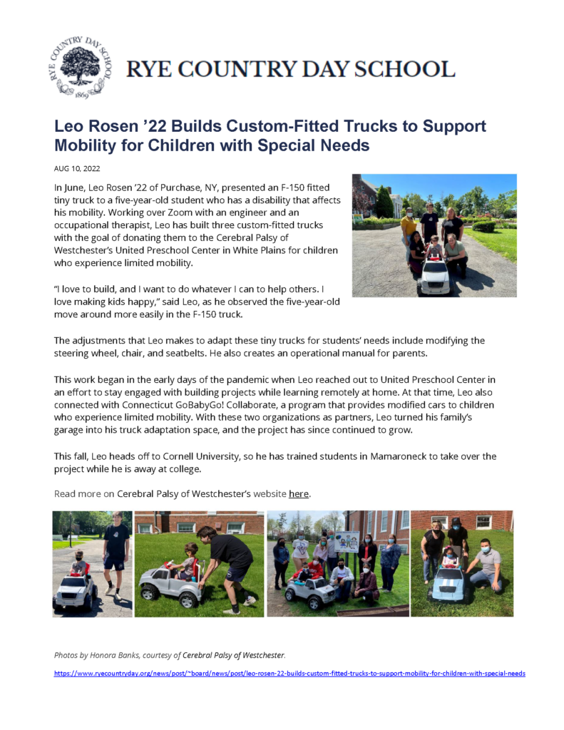 Leo Rosen ’22 Builds Custom-Fitted Trucks to Support Mobility for Children with Special Needs
