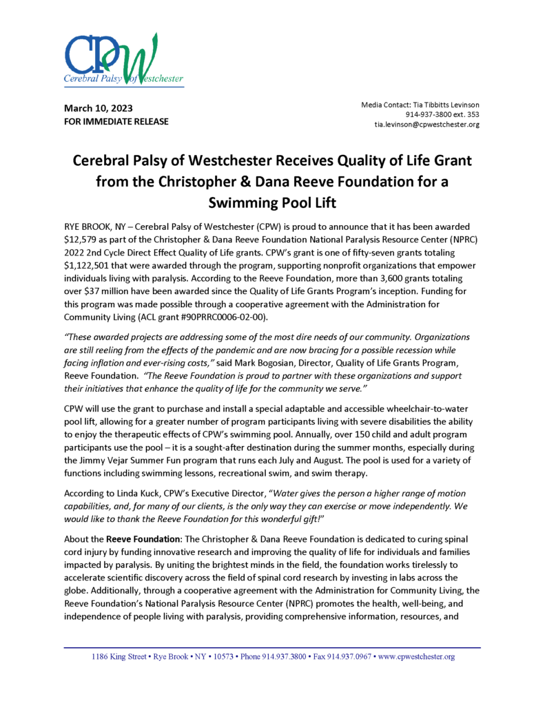 CPW Receives Quality of Life Grant from the Christopher & Dana Reeve Foundation